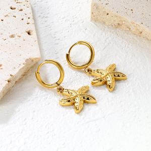 Pendientes de Aro de Acero Inoxidable con Estrella de Mar Texturizada, Estilo Playa y Océano, Personalizados, a la Moda, Resistentes al Agua, para Mujer, Venta al Por Mayor - Product Image 5