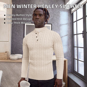 Men Winter Casual Knit Thick <b>Pullover</b> <b>Sweater</b> with Quarter Button Twisted Henley Neck 100% Polyester 12GG Gauge - Product Image 3