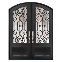 Puerta de entrada exterior de hierro forjado para el hogar, puerta de metal arqueada de doble hoja, precio de fábrica, HS-ID04