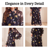 Robe longue élégante en mousseline à imprimé floral, col noué, manches longues, volants et fente, pour femme, idéale pour les mariages, les cocktails et les soirées.