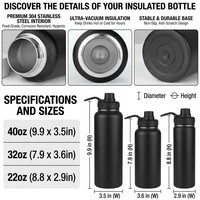 Bouteille d'eau modulaire 3-en-1 de 32 oz, gourde isotherme en acier inoxydable avec bec verseur à ouverture large, logo personnalisé