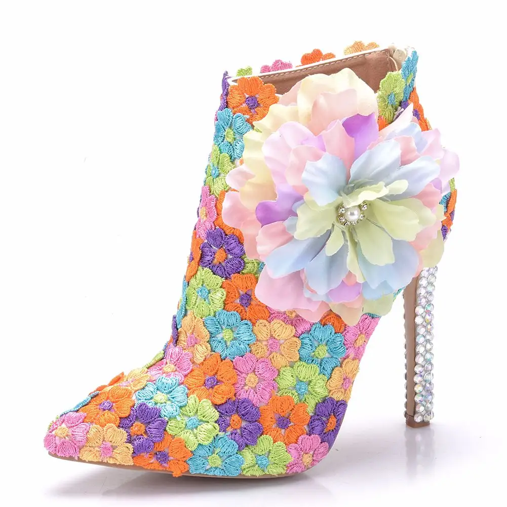 Deat-bottes Martin en dentelle à talon fin de 11 CM, nouvelles chaussures pour femmes, bottes à fleurs de couleur strass, Style National, LS114