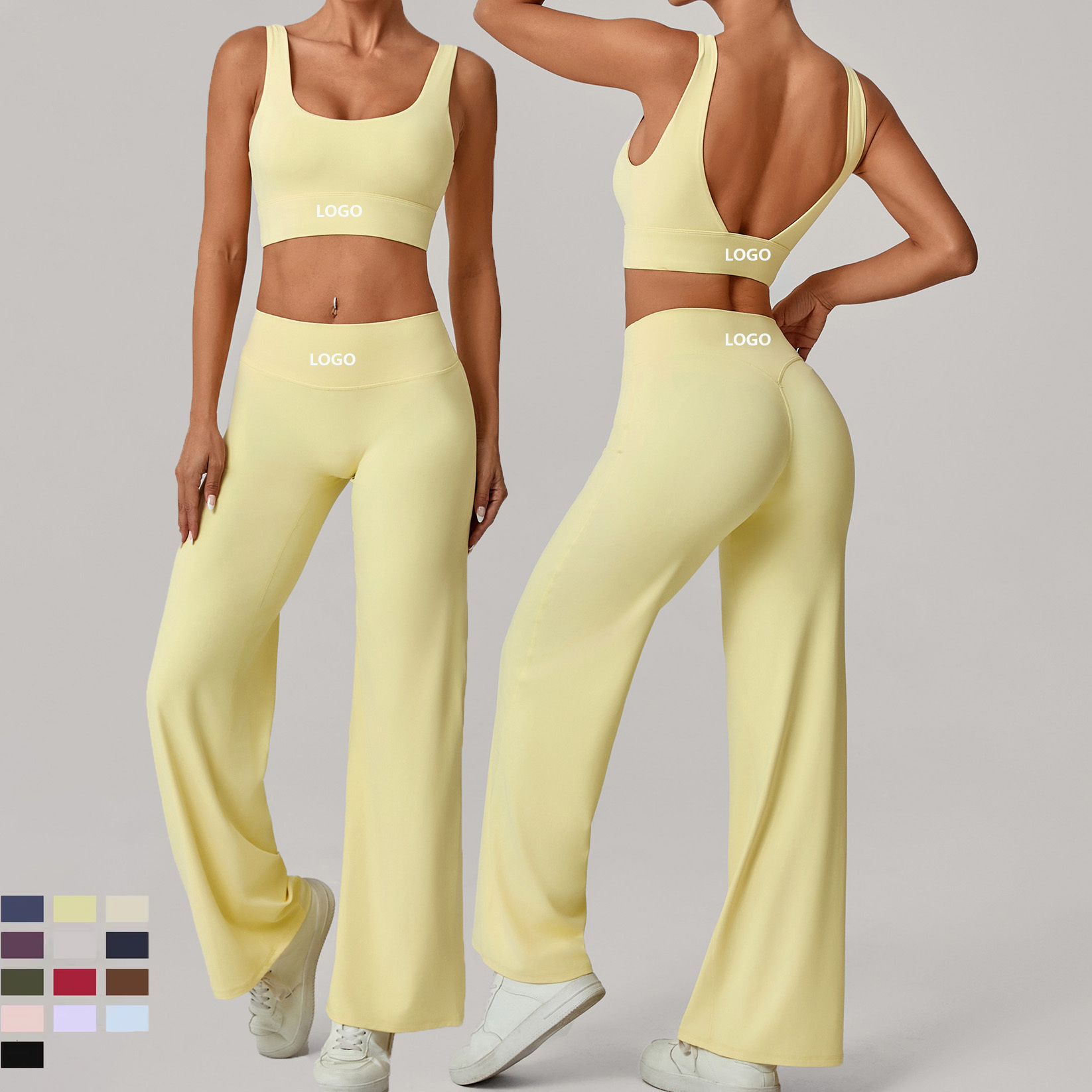 OIEM New Style Solid Double Straps Bra Straight Leg Pants Yoga Sets Breathable Quick-Dry Fitness Clothing