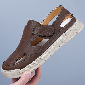 Sandales en cuir pour hommes, fermeture Velcro, respirantes, à semelle souple, à enfiler, chaussures de conduite, marron, taille 40 - Product Image 1