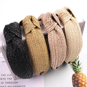 Nouveaux bandeaux en paille tressés à la main, accessoires pour cheveux pour filles, bandeaux larges noués pour femmes, vente en gros - Product Image 4