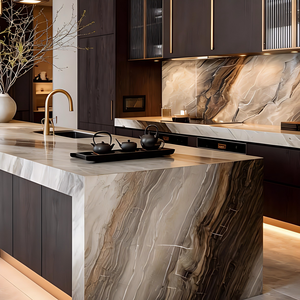 Meubles de cuisine de luxe complets JINGSHUN, armoires en mélamine laquée avec îlot en pierre frittée pour projets de villas et d'appartements - Product Image 3
