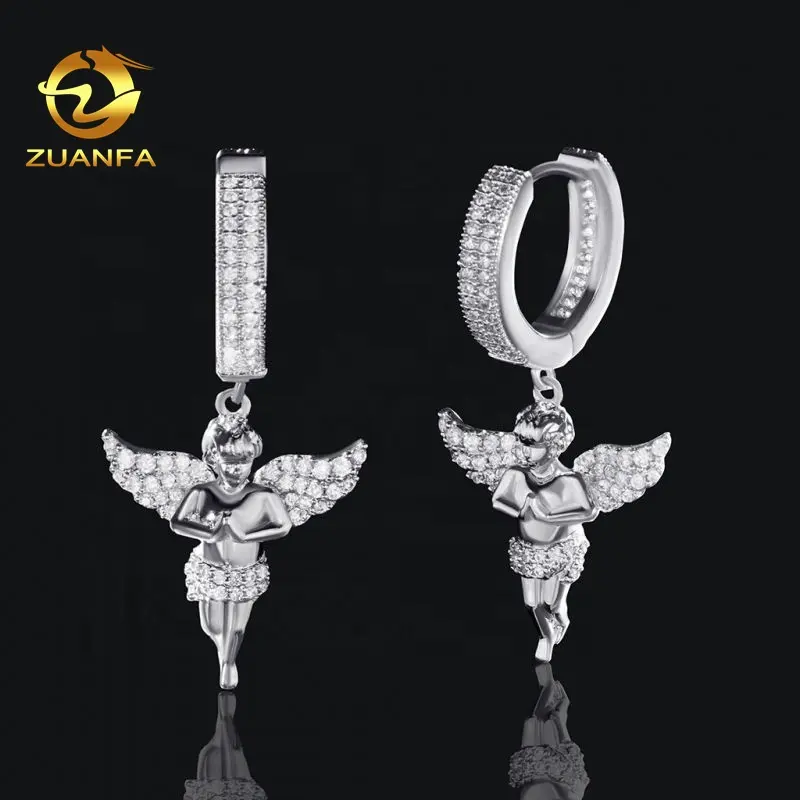 Hip Hop Silver Plated Cz Stone Angel Drop Hoop Men Iced Out Earrings