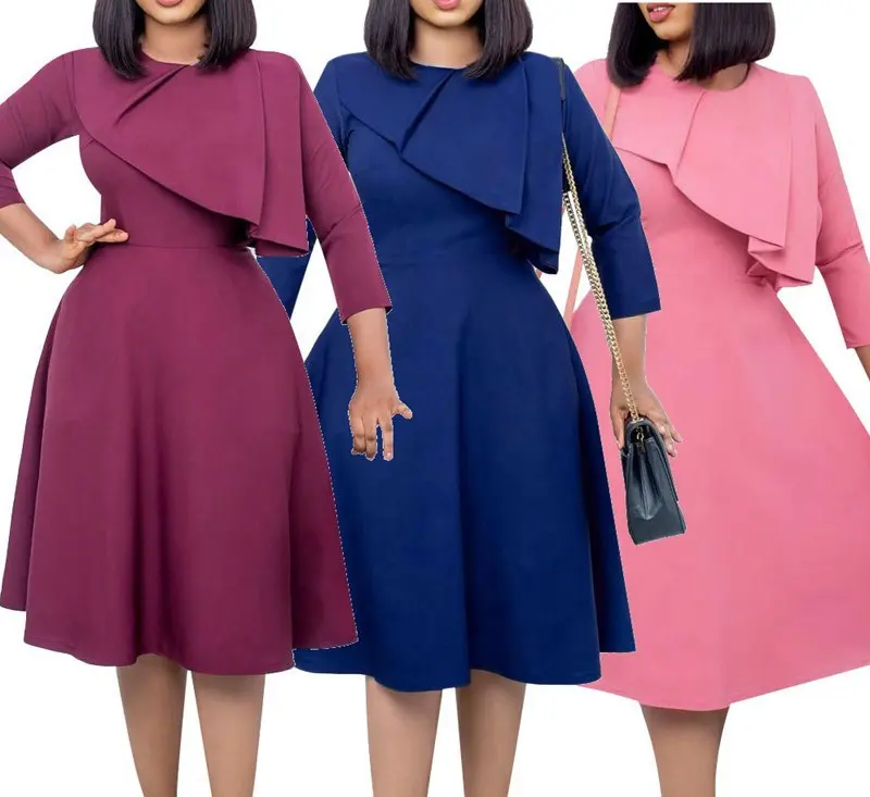 Y207073 plus size women clothing office dress elegant midi dress solid color long sleeve ladies career dresses