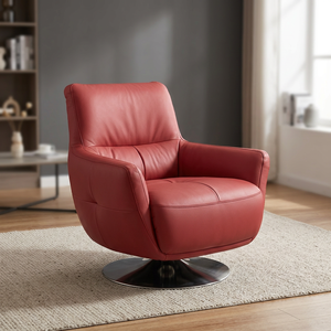 Sillón Giratorio Moderno de Cuero Sintético Rojo, Respaldo Sólido, Silla de Ocio Contemporánea para Sala de Estar, Base de Metal - Product Image 3
