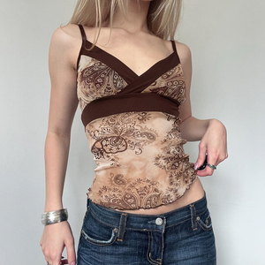 Top de malla con estampado Paisley vintage para mujer, cuello en V, tirantes finos, ajuste ceñido, estilo Y2K, sexy, sin espalda, casual, blusa sin mangas marrón - Product Image 3