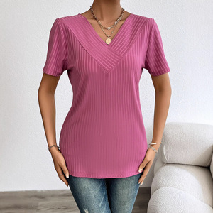 Camiseta Casual de Verano 2026 para Mujer, Elegante, Color Borgoña, Cuello en V Cruzado, Tejido de Punto Acanalado en Contraste, Manga Corta, Corte Ajustado - Product Image 1
