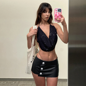 Jupe crayon mini moulante à taille basse sexy en similicuir, 3 boutons, doublure intérieure, design enveloppant écologique, été 2025, nouveauté - Product Image 4