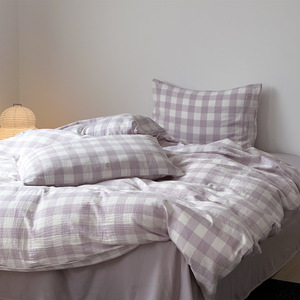 Korean Style Purple Plaid Four-Piece <b>Bedding</b> <b>Set</b> Yarn-Dyed Cotton Gauze Breathable 1.8M Double Layered Duvet Cover Pillowcases - Product Image 3