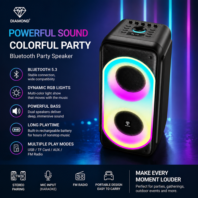 OEM Factory Direct Dual 6.5 Inch TWS Party Speaker 60W Portable Karaoke Outdoor Audio System with RGB LED Light & Wireless Mic