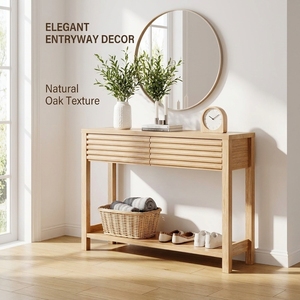 Vente directe d'usine |   Banc étroit moderne en bois massif avec étagère de rangement et port de charge, écologique, pour hall d'entrée et couloir - Product Image 1