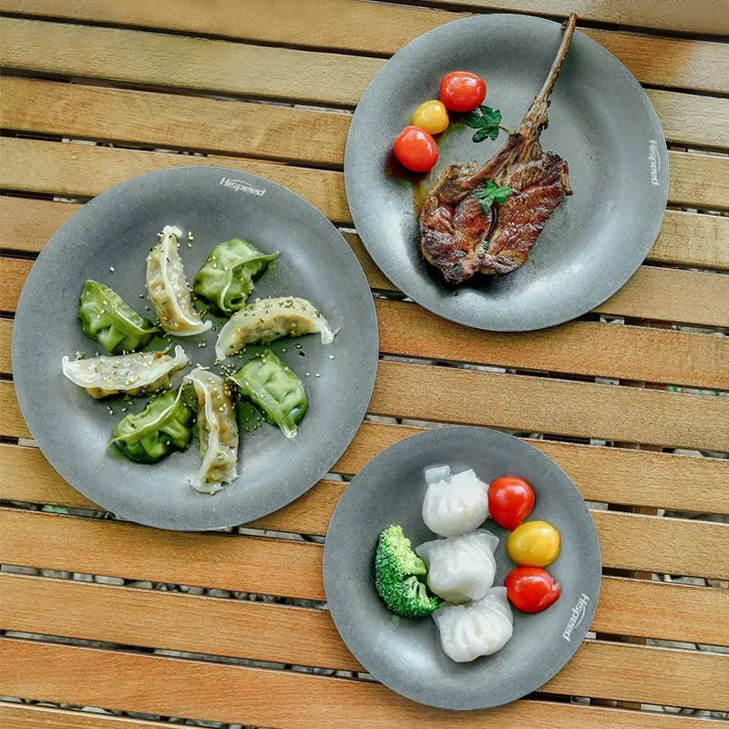 Proveedores de platos de acero inoxidable HISPEED, juego de platos de camping negros de grado alimenticio, platos de cena de 3 tamaños para acampar