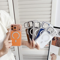 Luxe magnetische telefoonhoes voor iPhone 17 16 15 14 Pro Max met verborgen glazen lensfoliehouder en standaard