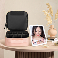 Sacs de toilette de voyage personnalisés, trousse de maquillage, maquillage avec miroir, logo personnalisé professionnel, vanity en cuir PU noir pour femmes avec LED