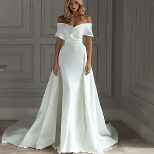 Vestido de noiva simples de sereia com ombro de fora, elegante, vestido de noiva de novidade, vestido de cetim branco com trem destacável