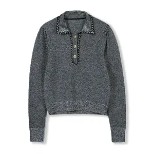 Elegantes Frühjahr-Sommer Polo-Hals-Pullover langärmeliger Pullover Kardigan mit Metallknöpfen und Zusammenziehen