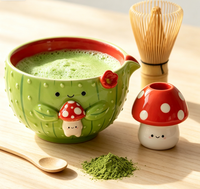 Ensemble de bols à matcha en céramique faits à la main avec support pour fouet en forme de champignon, bec verseur Chawan, cadeau mignon pour cérémonie du thé Cottagecore
