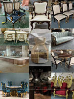 Ensemble de canapés classiques de luxe en bois sculpté de style américain, canapé en cuir marron sculpté, canapé de villa américain antique