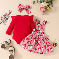 Ensemble de vêtements pour bébé fille, vert et rouge, costume de Noël, nœud pour la tête + body à manches longues + robe imprimée, ensemble de 3 pièces