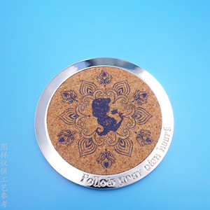 Round Metal <b>Coaster</b> Zinc Alloy <b>Cork</b> Base Anti Slip Heat Insulation With Cartoon Pattern For Tea Drink Protection - Product Image 1