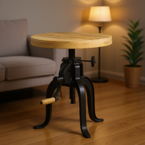 Solid Mango Wood Cast Iron <b>Side</b> Table 17.7-24.4 In Adjustable Height Industrial Living Room Furniture - Product Image 2