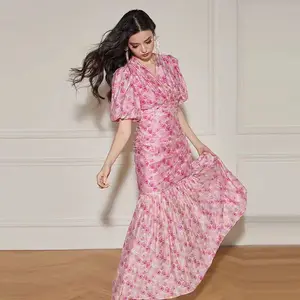 Новое 2024 корейское модное платье с цветочным принтом и V-образным вырезом с высокой талией облегающее женское сексуальное платье
