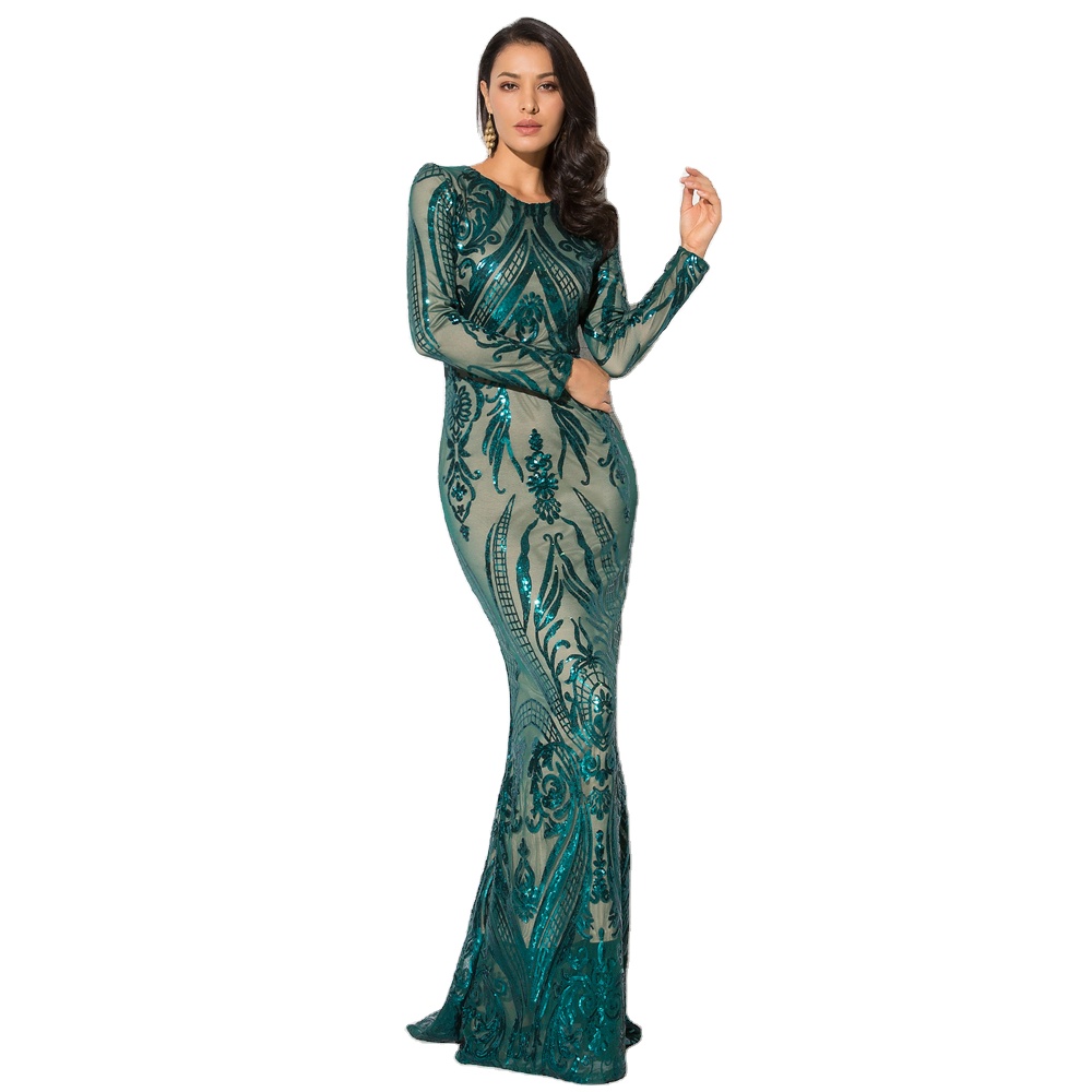 Зеленое бордовое Вечернее Платье макси с О-образным вырезом, длинным рукавом и блестками