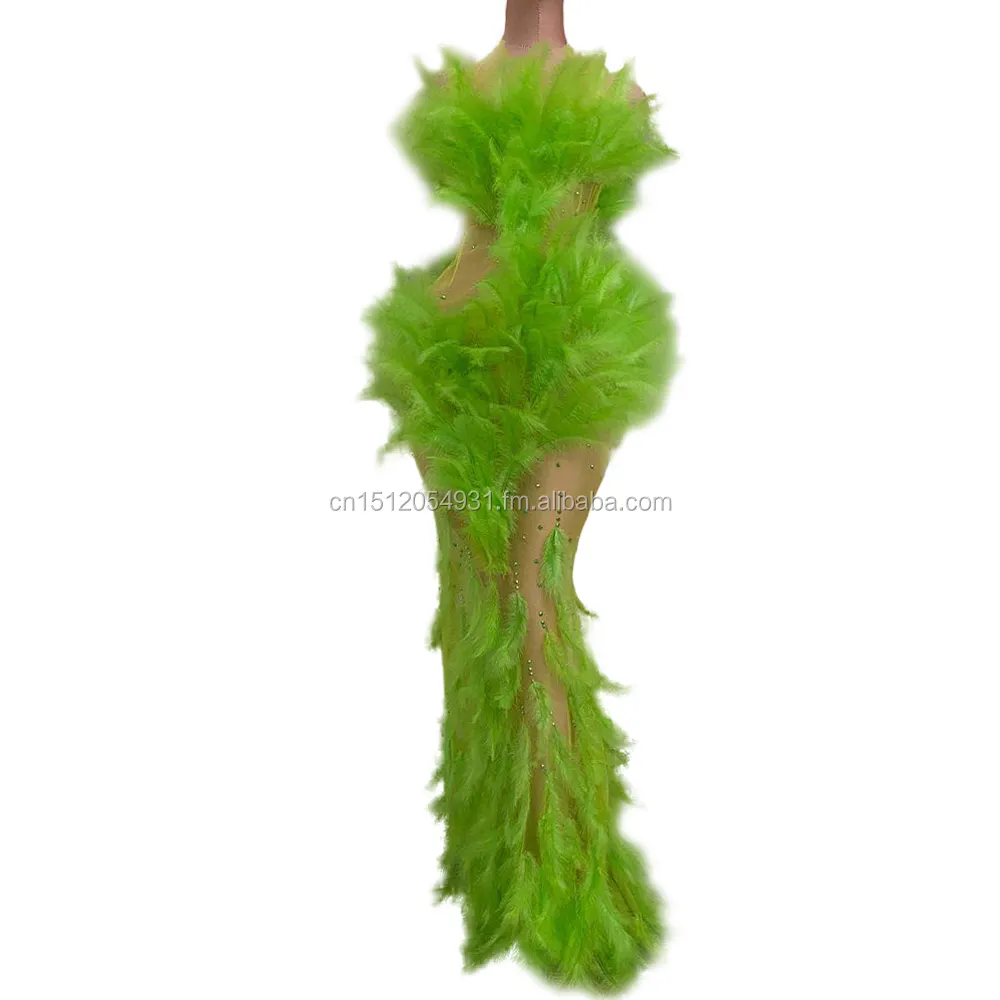 Yeşil tüy elbiseler kadınlar için yaz See-througth örgü kıyafetler elbise bayan gece kulübü parti sahne giyim şarkıcı kostüm
