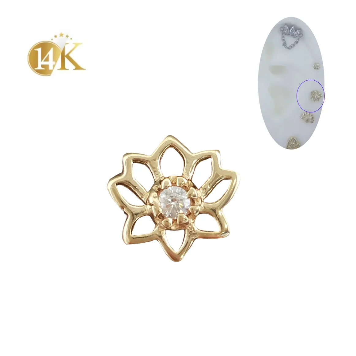 Calendo toptan 14K katı altın dahili Lotus çiçek dişsiz itme pimi güzel takı Piercing Jewlery Tops