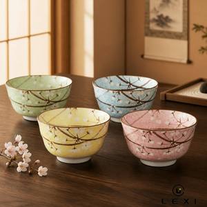 Set di Quattro Ciotole in Ceramica con Ramo Marrone Scuro e Fiori Bianchi, Smalto Maculato in Colori Pastello Blu, Rosa, Verde, <span class=keywords><strong>Giallo</strong></span> con Base Bianca - Product Image 3