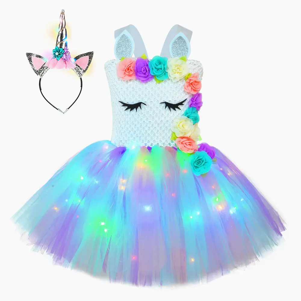 소녀 유니콘 의상 LED 라이트 유니콘 드레스 할로윈 파티 의상
