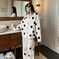 Ensemble de pyjama mi-long en flanelle pour femme, motif pois, manches longues, tricoté, ample, automne-hiver, vêtements de détente et de nuit, vente en gros