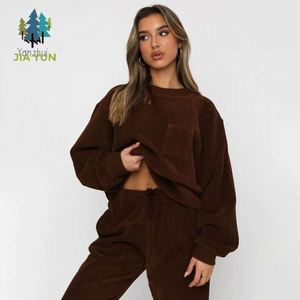 Yanzhui Hochwertiges Warmes Cord-Damen-Set Winter Einfarbiges Zweiteiler-Set Modischer O-Ausschnitt Sweatshirt Jogginganzug - Product Image 5