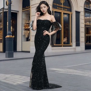 Vestido de noche estilo sirena con hombros descubiertos, color negro brillante, poliéster, ropa formal para mujer - Product Image 1