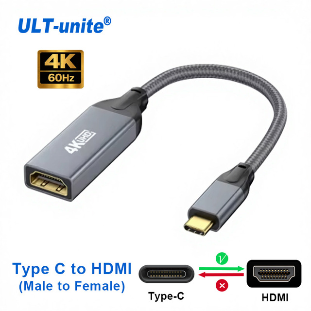 ULT-unite 4K 60Hz USB Type C to HDMI Converter Cable Male-Female Adapter Cable with Gold Plated Connectors Braided Jacket