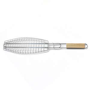 큰 단 하나 물고기 굽는 바구니, 나무로 되는 손잡이를 가진 물고기 그물을 요리하는 스테인리스 BBQ 메시 석쇠 - Product Image 5