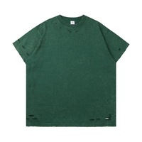 T-shirt Homme 300g Grammage Lourd Délavé Effet Vieilli Trous Découpés Coupe Décontractée Batik Tendance Manches Courtes