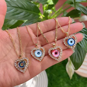 Wholesale Cubic Zirconia 24K Gold Plated CZ Crystal Heart Turkish Blue Evil Eyes Pendant Charm Necklace Evil Eyes Jewelry