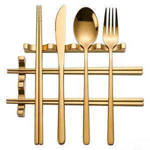 Servicios de Producción Personalizados de Fábrica, Juego de Cubiertos de Acero Inoxidable Dorado, Juego de Cubiertos Portátiles Reutilizables con Palillos y Cuchara - Product Image 1