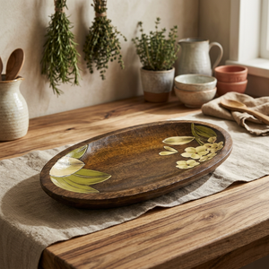 Plateau en bois fabriqué à la main avec incrustation florale Motif élégant Accents métalliques ornés Construction durable Polyvalent - Product Image 1
