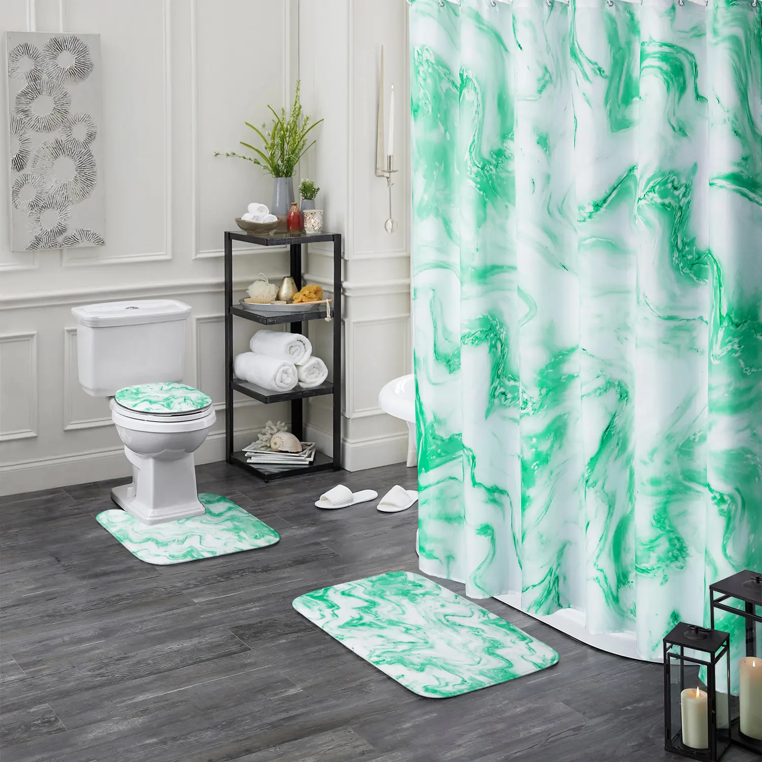 OEM personalizzato stampa digitale flanella assorbente morbido spugna tappetino bagno con tenda doccia Set quattro pezzi per bagno antiscivolo