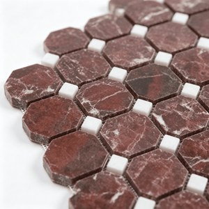 Mosaïque octogonale en marbre rouge, dos en maille, 305x305mm, avec copeaux carrés blancs, pour la décoration murale de salle de bain et de cuisine - Product Image 6