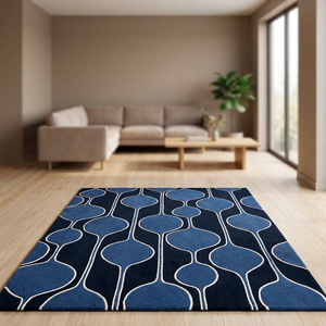 Alfombra Tejida a Mano con Diseño Geométrico Oceánico Profundo – Alfombra Moderna de Diseño Abstracto Azul - Product Image 3