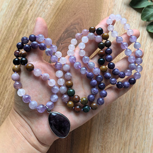 โรสควอตซ์ธรรมชาติ, เลพิโดไลต์, สร้อยคอมาลาอเมทิสต์, จัปามาลาสำหรับทำสมาธิแบบผูกปมด้วยมือ <span class=keywords><strong>108</strong></span> เม็ด, คริสตัลบำบัด, ของขวัญสำหรับการทำสมาธิโยคะ - Product Image 1