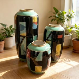 <span class=keywords><strong>Set</strong></span> di Vasi in Ceramica con Motivo Geometrico Astratto Moderno e Bordo Verde - Product Image 1