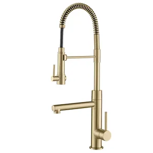 Commercial Style Deck Mounted Brushed Gold Pull Out Kitchen Faucet Spring Dual Spout Pull Down Mixer Tap and Pot Filler